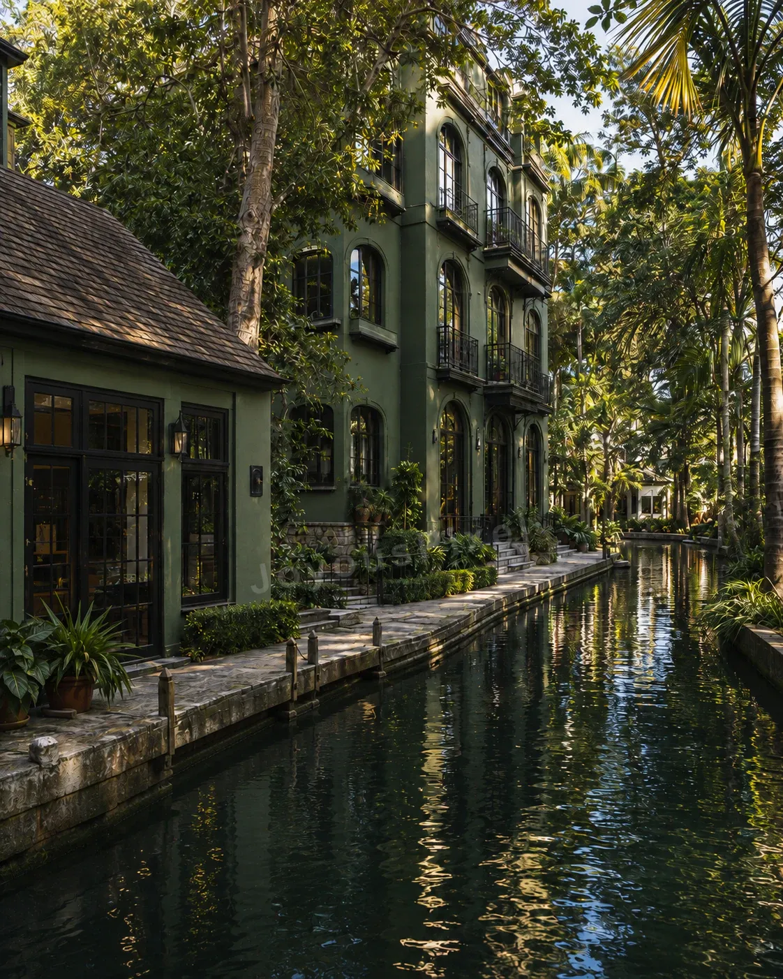 AI 生成的晨光树影下热带运河住宅想象场景