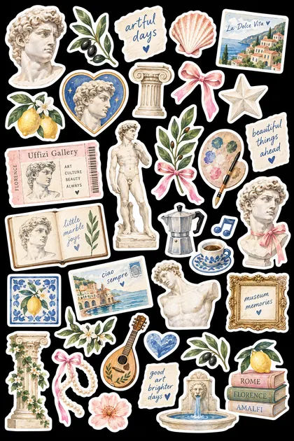 Classical statues, columns, framed works, shells and museum tickets.
