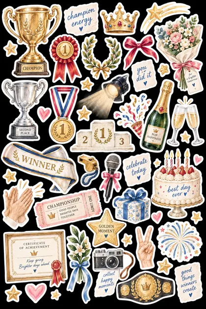 Trophies, medals, ribbons, certificates and a bottle for celebrating.