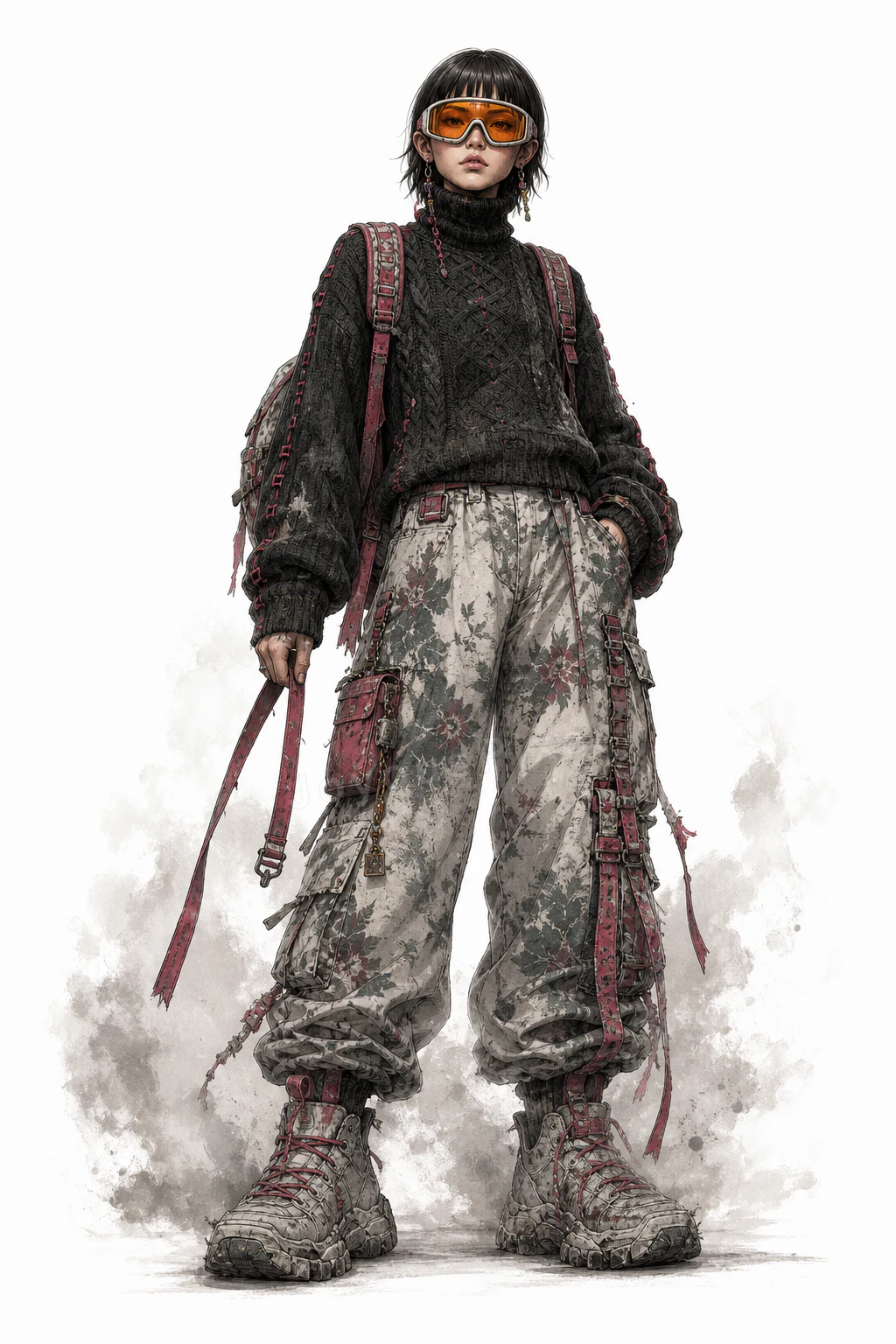 Second full-length character study of the same layered technical outfit on white