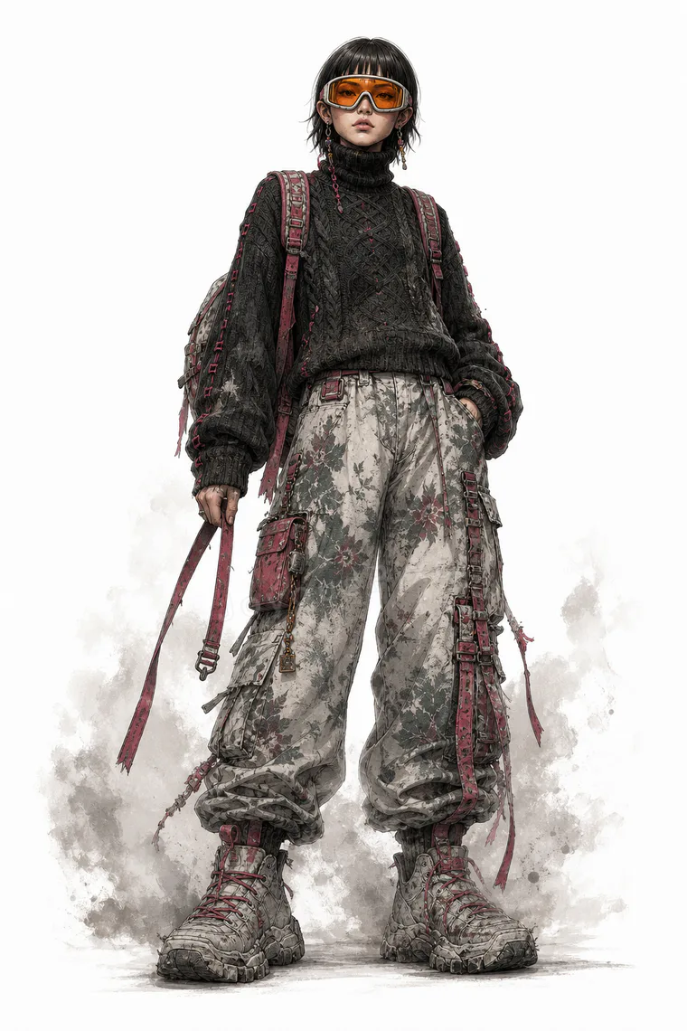 Second full-length character study of the same layered technical outfit on white