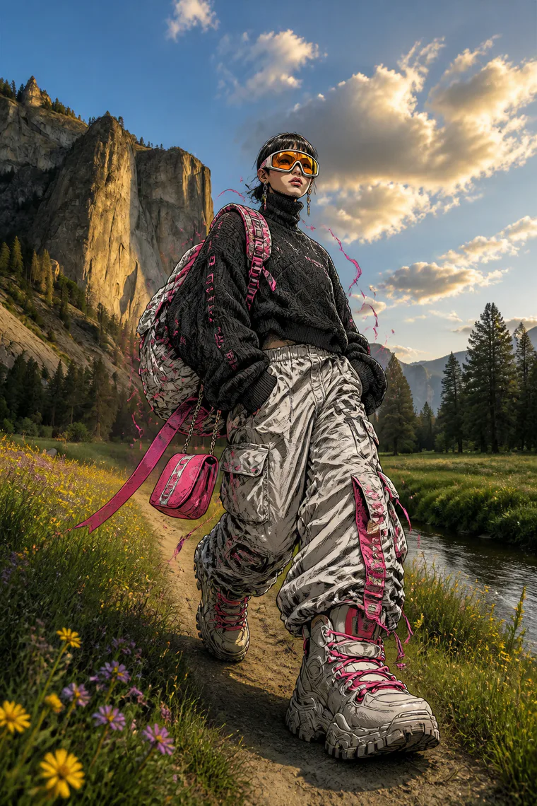The character standing in a flowering meadow beneath tall valley cliffs