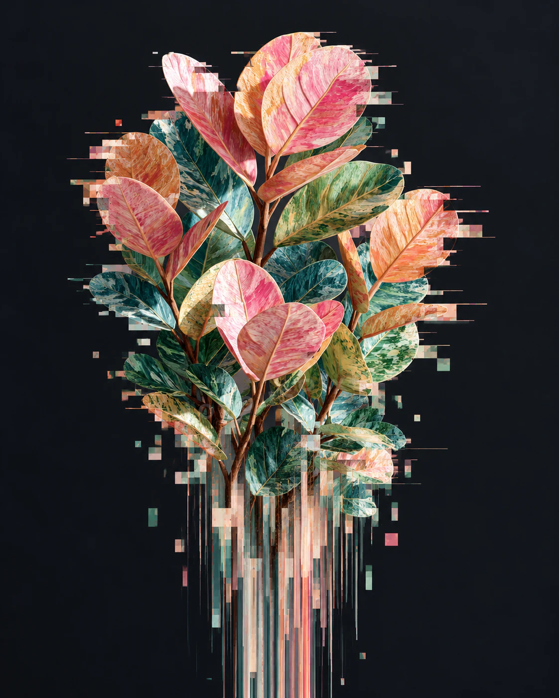 A bouquet of anthuriums breaking apart into vertical scanline glitch on black