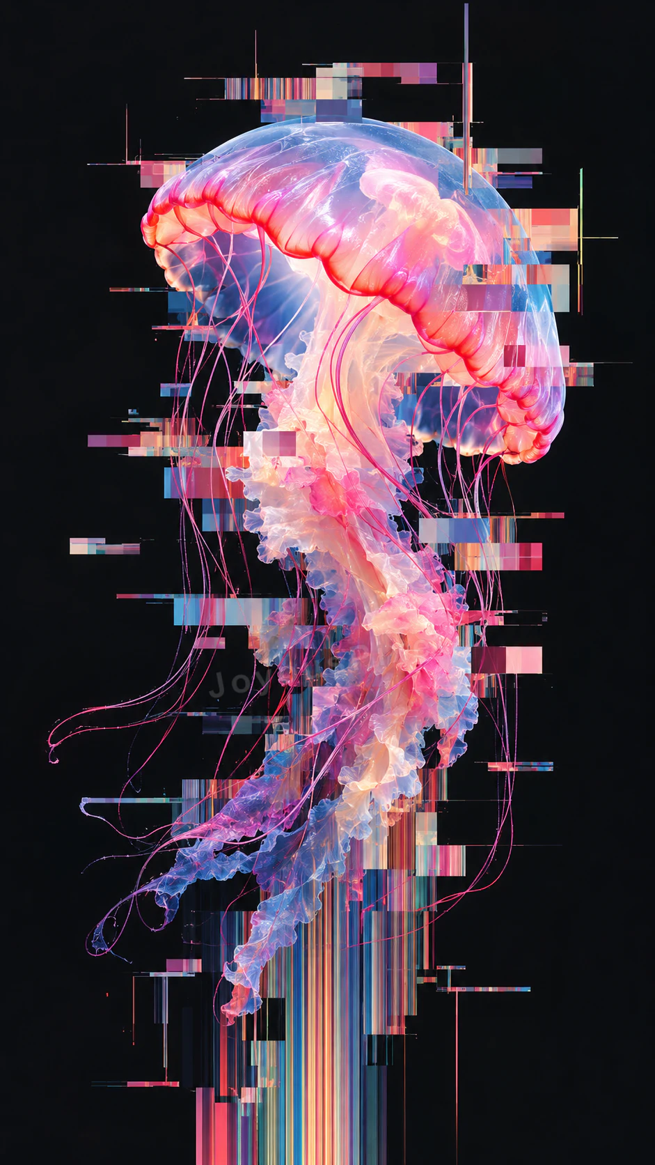 A translucent jellyfish breaking apart into scanline glitch on black