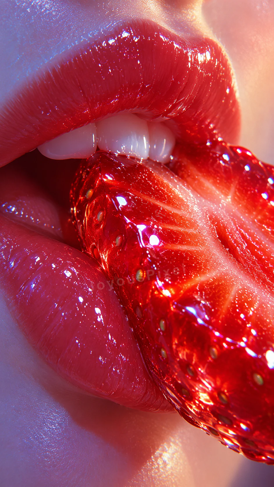Extreme close-up of glossed lips holding a glittering strawberry