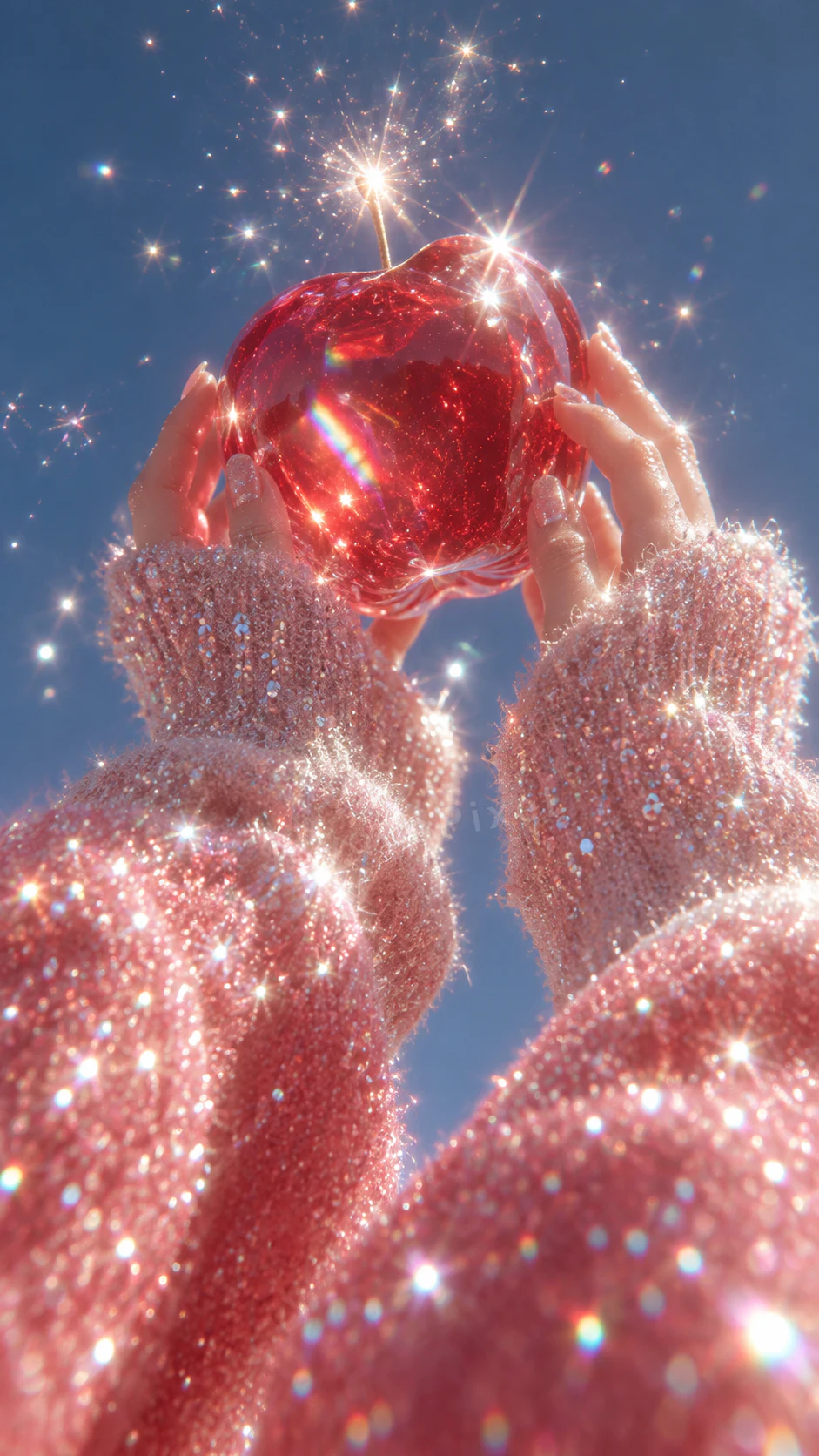 Sequinned hands lifting a deep red glass apple toward the light