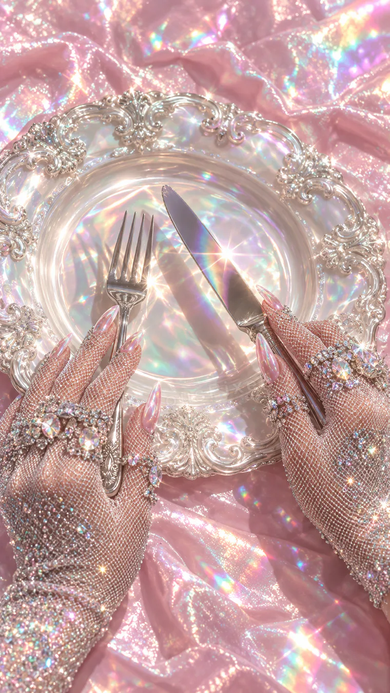 Jewelled hands holding cutlery above a pearl-rimmed plate on pink satin