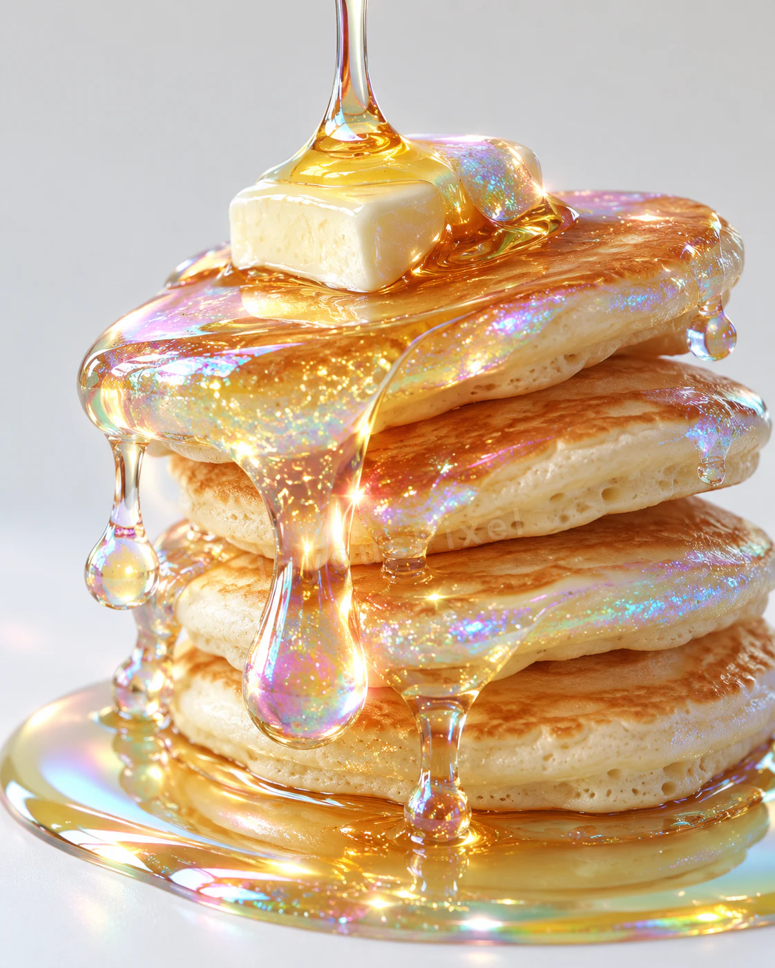 A stack of pancakes with melting butter and pouring honey