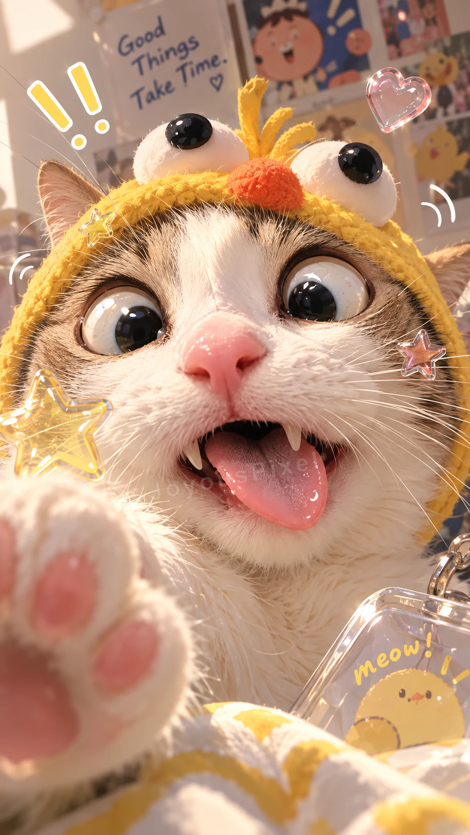 Illustrated cat in a yellow chick hat reaching toward the viewer beside a handwritten note