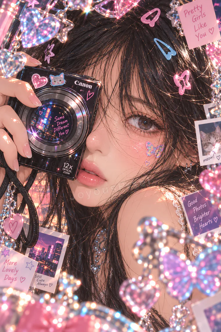 Illustrated portrait holding a camera among stickers, pearls and photo prints