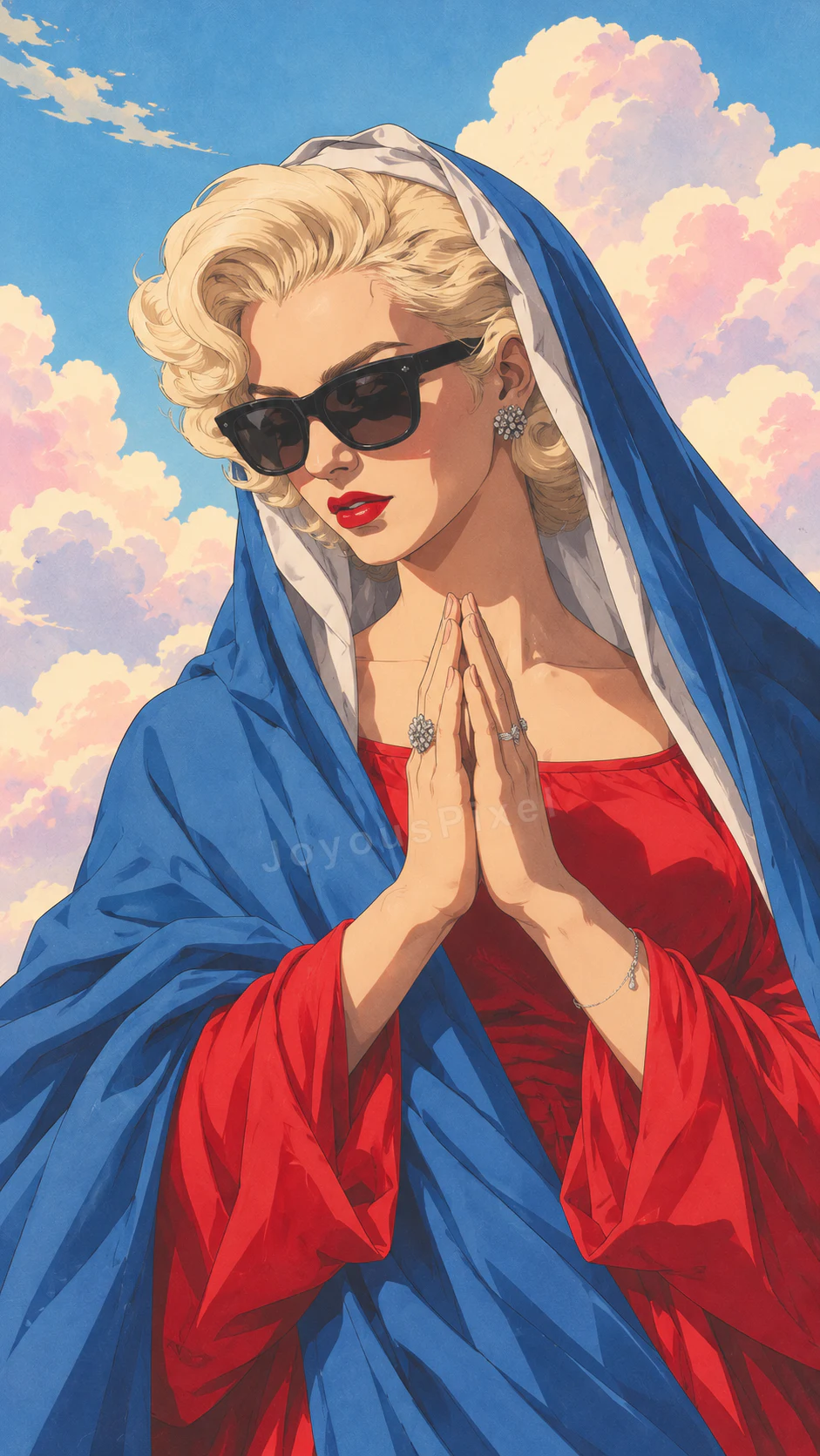 Illustrated figure in red and blue drapery wearing dark sunglasses