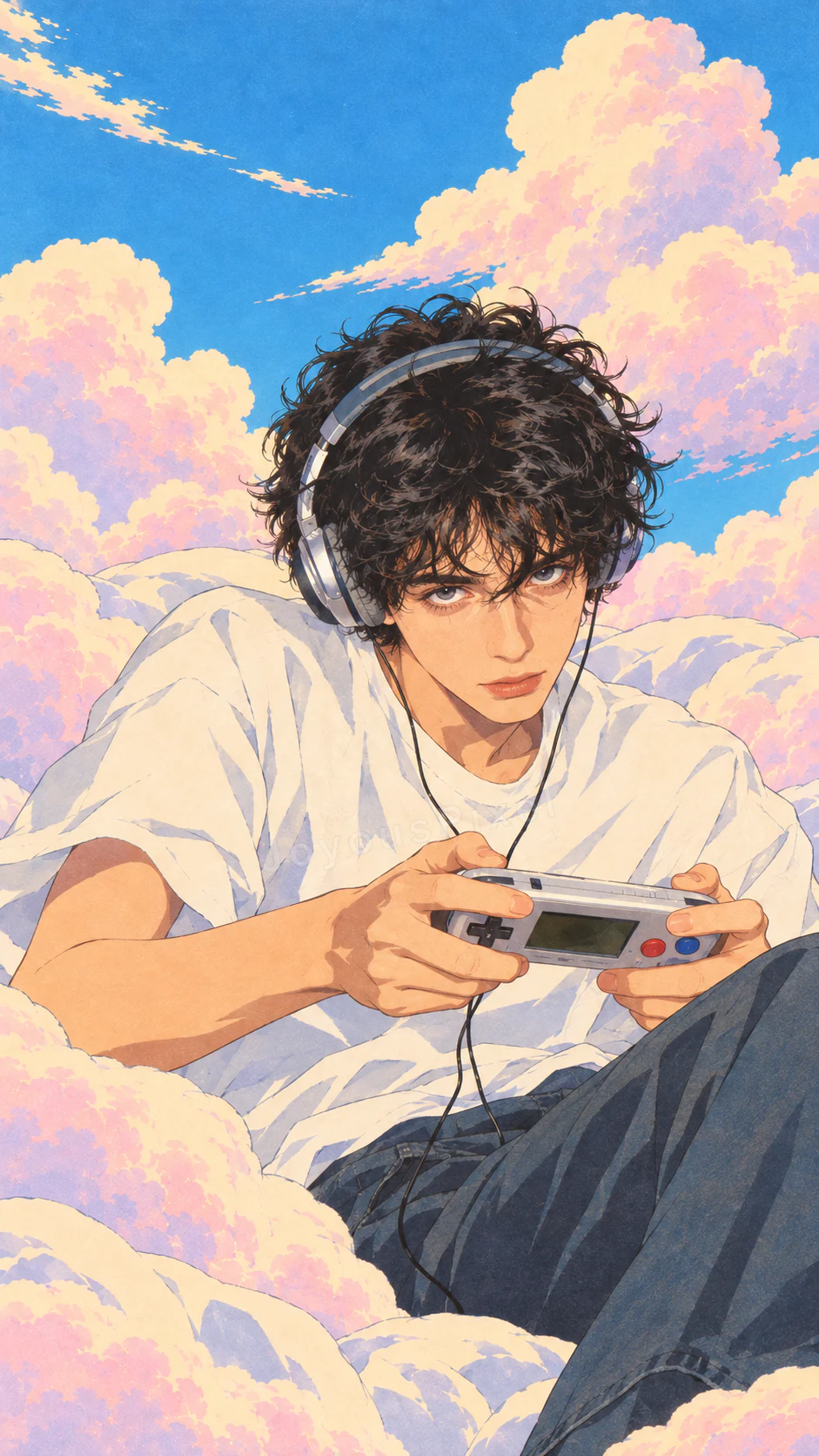 戴耳机的插画人物在云中玩掌上游戏机