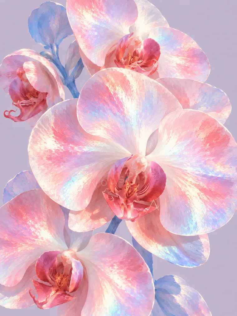 Illustrated orchids opening in cool blue light