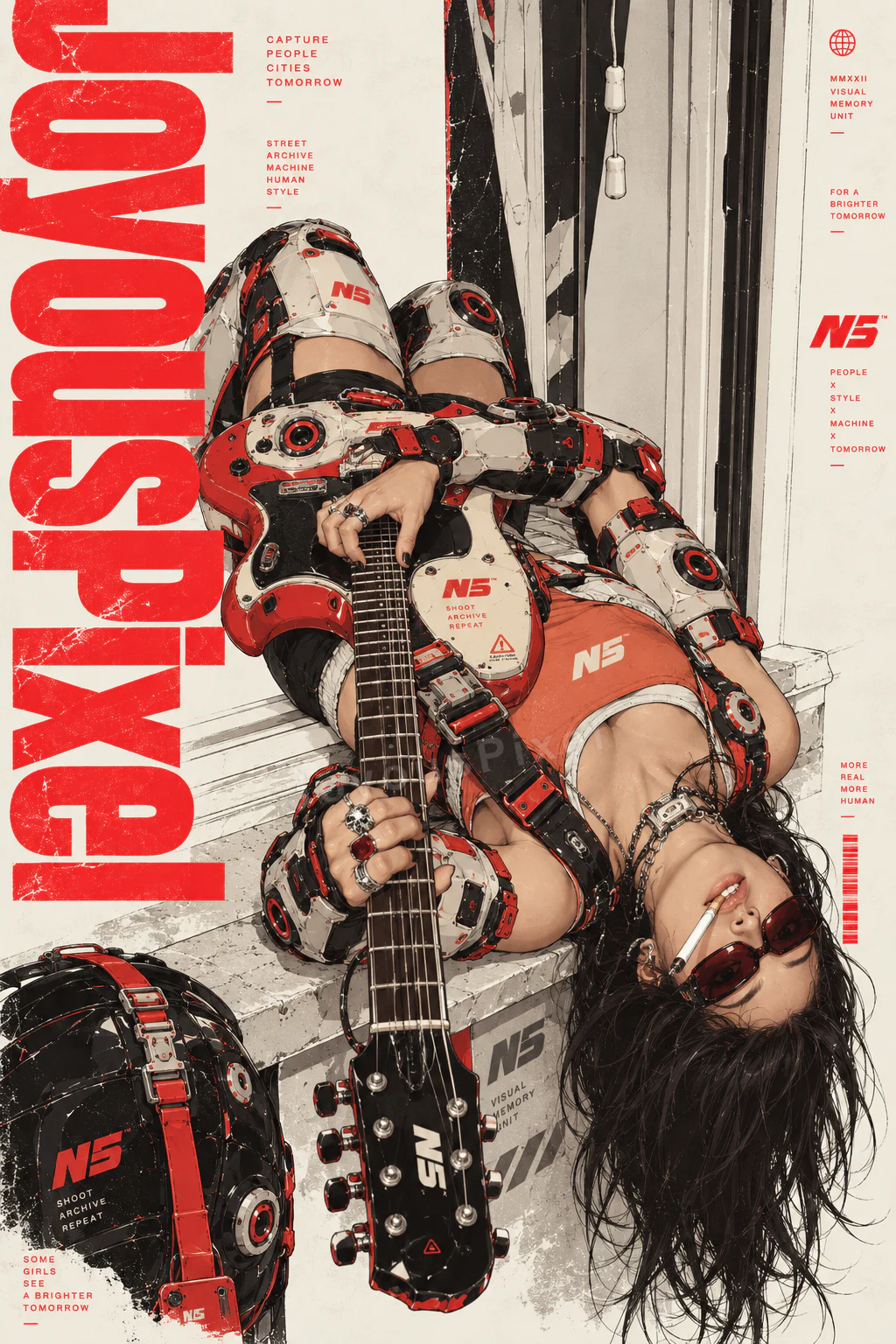 Poster cover with a figure reclining beside a guitar and stage gear