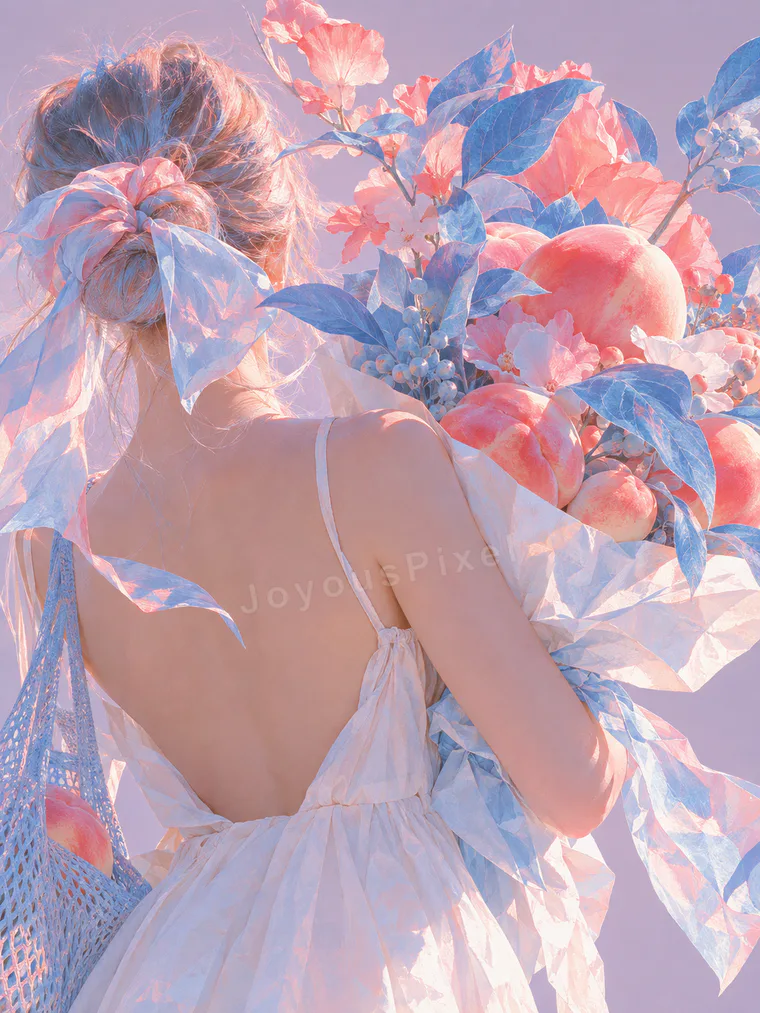 Back view of a figure in white surrounded by floating peaches and leaves