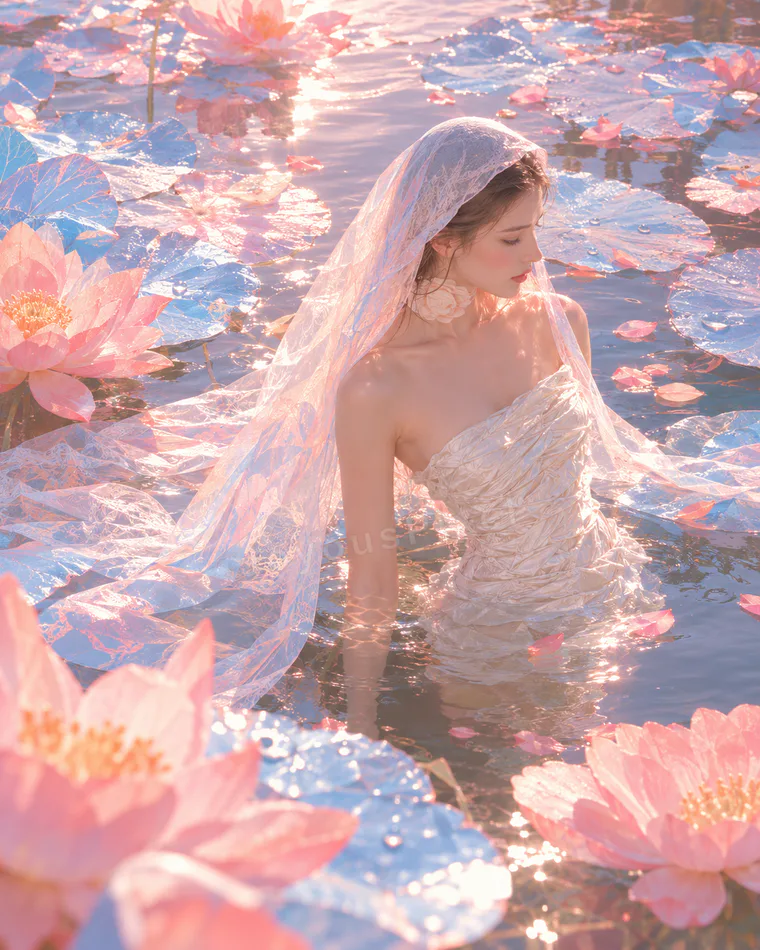 A veiled figure standing waist-deep in water among open lotus flowers