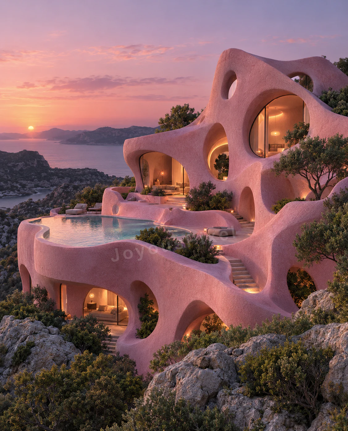 An imagined pink organic villa terraced above the sea at sunset