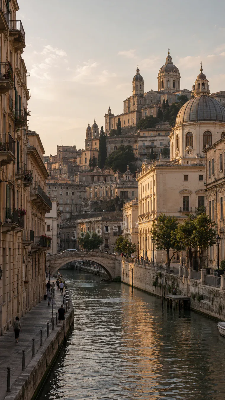 An imagined waterfront district of domes and bridges at sunset