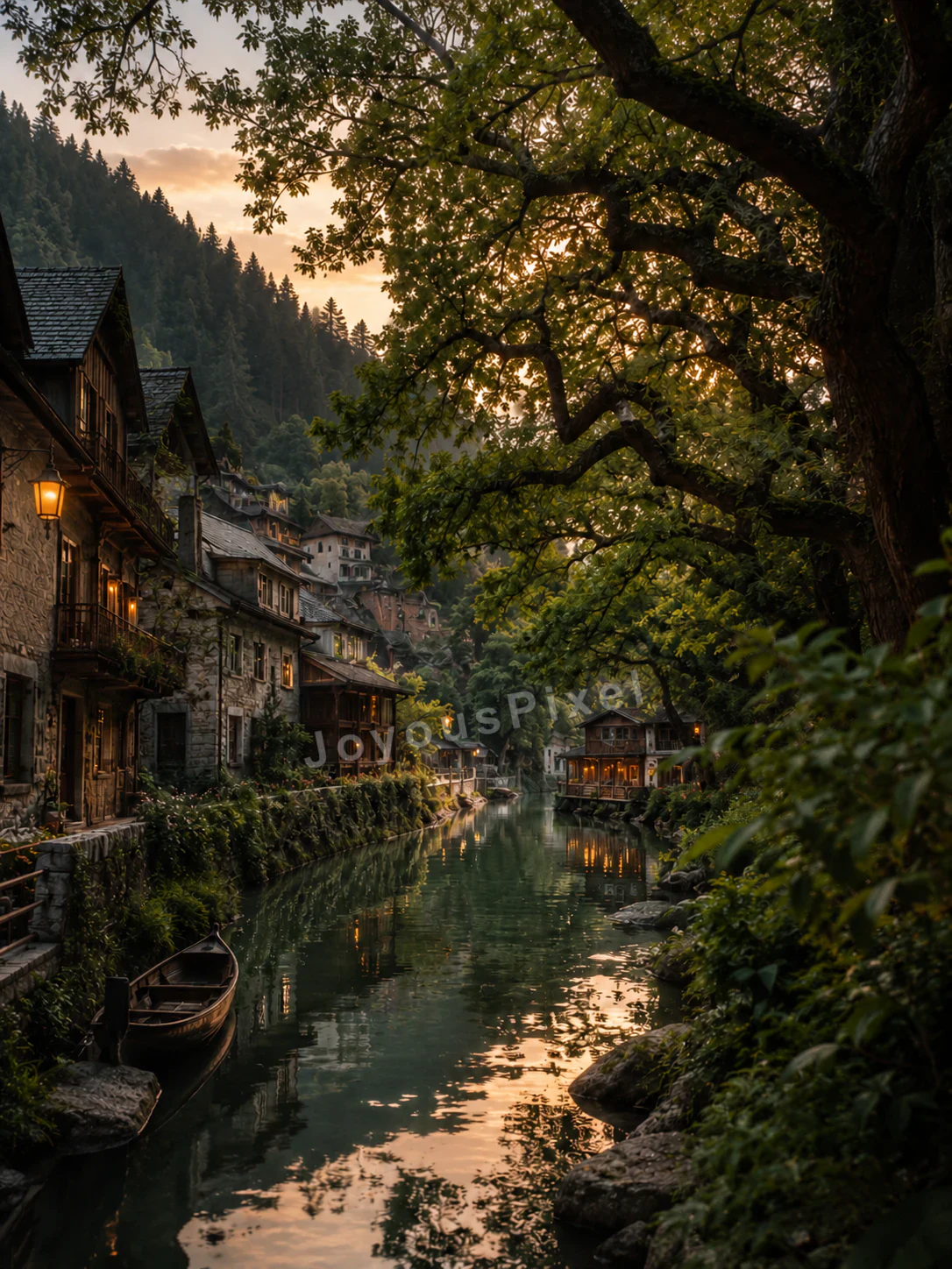 An imagined mountain canal village with moored boats at dusk
